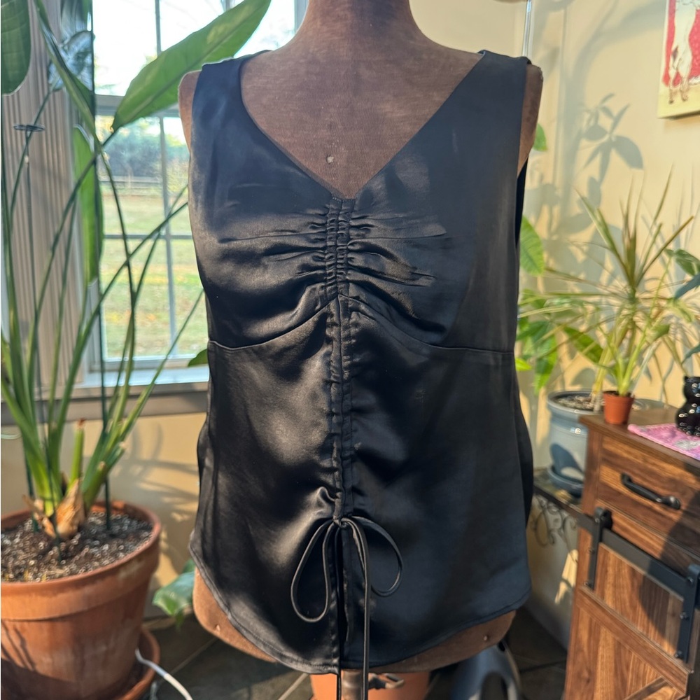 Ruched Black Satin Sleeveless Top